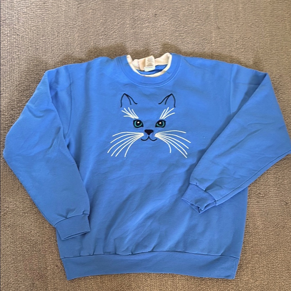 RARE Cat Sweatshirt Vintage Look Embroidered Blue LARGE womens